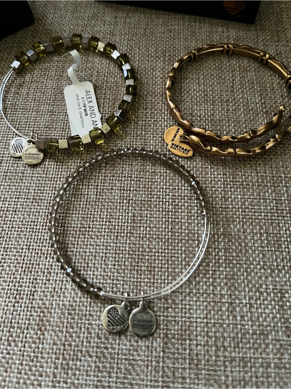 Alex and Ani Gold and Silver Mixed Metal Bracelet Trio with Olive-Green Beads - Picture 3 of 10